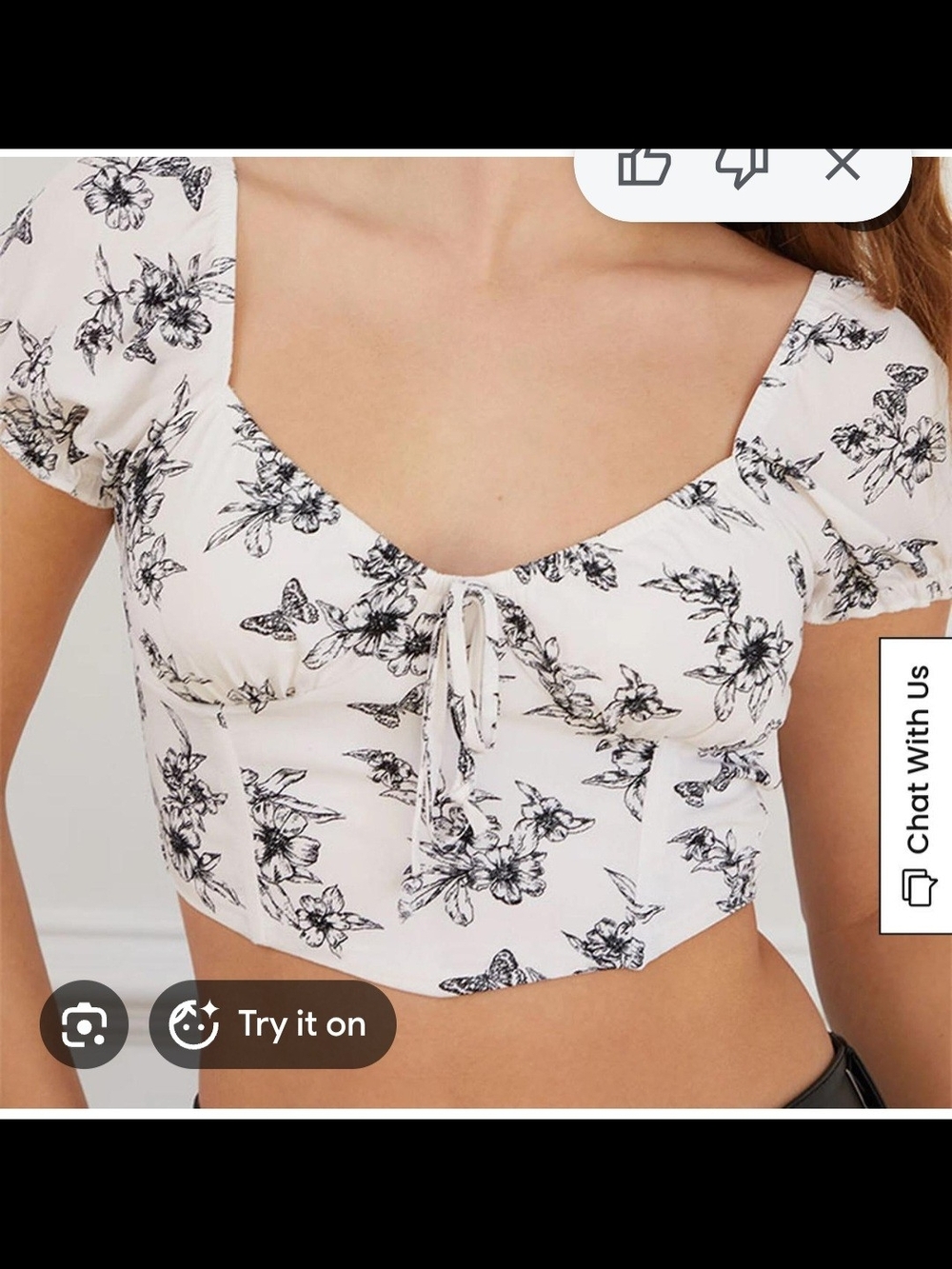 La Hearts Ivory Crop Top with Black Floral Print. Size Small. NWT